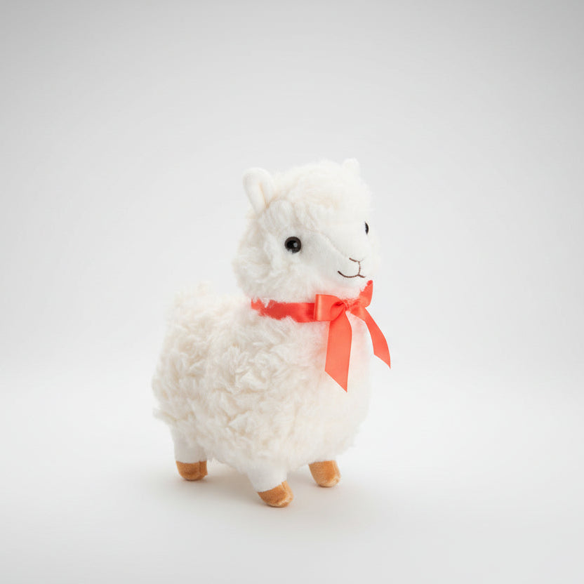 White plush toy llama with a red bow on a light gray background