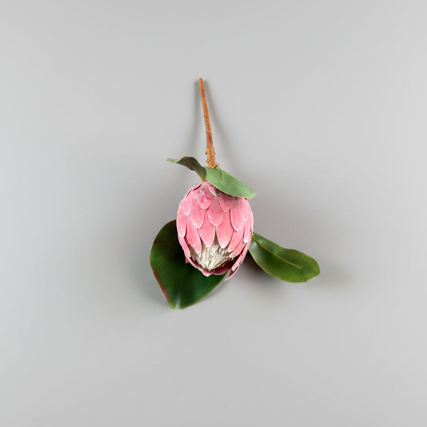 Pink flower brooch with green leaves on a light gray background
