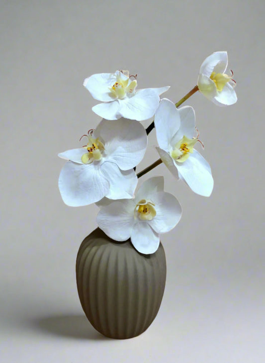 A 25cm height artificial white Phalaenopsis orchid with yellow centers in a modern matte vase.