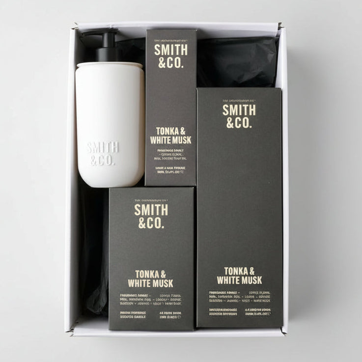 Smith & Co. product set with a white container and black boxes on a light gray background