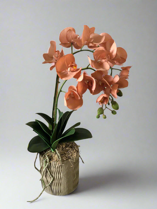 Artificial Phalaenopsis Orchid plant with apricot/orange colored flowers in a beige pot.