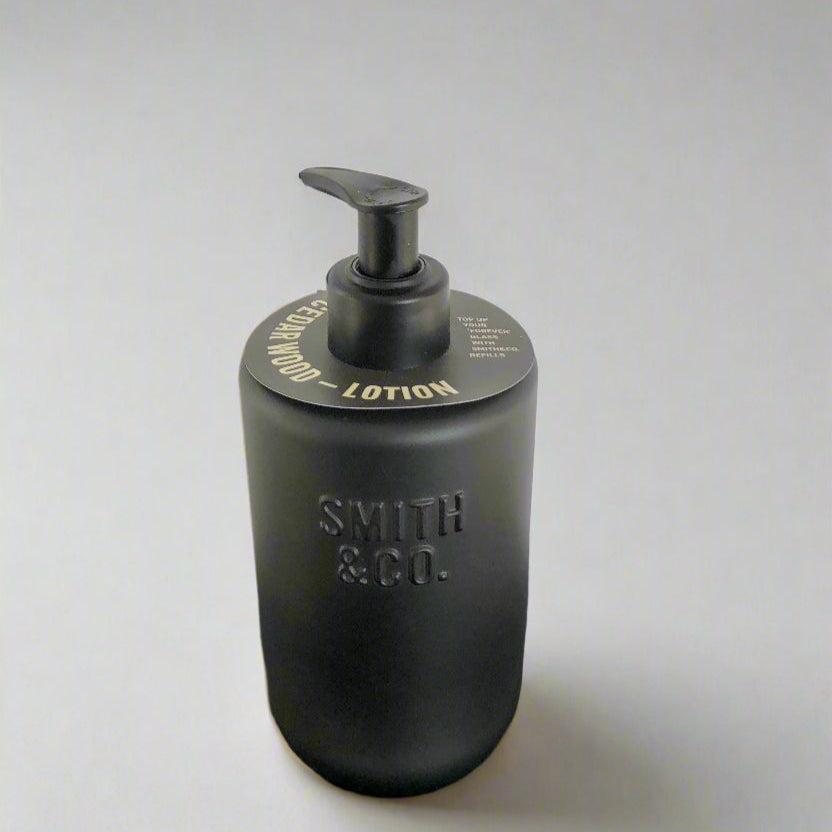 Black lotion bottle with pump labeled 'Smith & Co.' on a white background