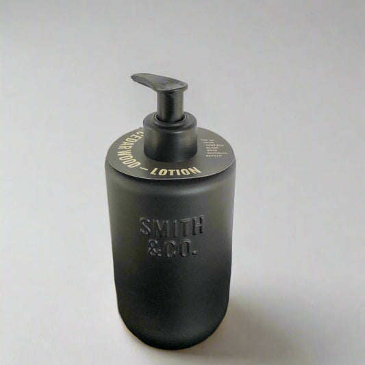 Black lotion bottle with pump labeled 'Smith & Co.' on a white background
