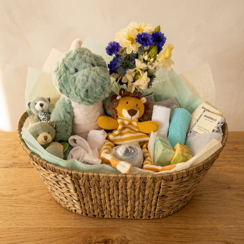 A baby gift basket filled with plush toys, soft accessories, and flowers, displayed on a wooden stool in front of a white cabinet. Visible items include a large green dinosaur plush, a yellow-and-white striped lion doll, a small bear plush, folded white cloth items, a blue textured piece, and a flower bouquet with blue and cream blossoms.