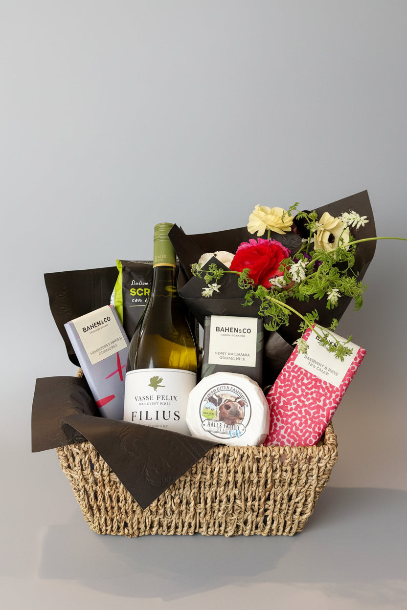 A curated gift basket in a woven straw basket, filled with gourmet items including a bottle of Vasse Felix Filius white wine, a wheel of cheese, crackers ,Bahen & co Chocolates, and a bouquet of fresh flowers wrapped in black paper