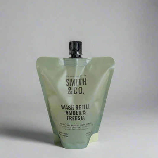 Smith & Co. wash refill pouch on a black surface with a white background