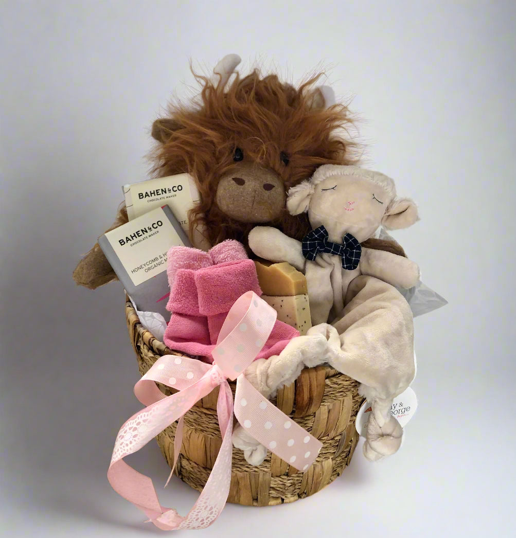 Gift basket with plush toys and baby items 
