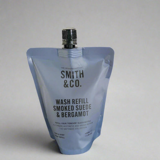 Smith & Co. wash refill pouch on a black surface with a white background