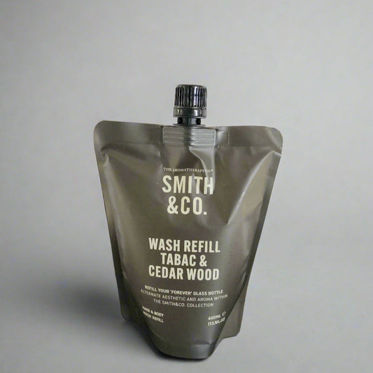 Smith & Co. wash refill pouch for tabac and cedar wood on a black surface with a white background
