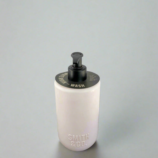 White soap dispenser with black pump and 'Smith & Co' branding on a black surface.